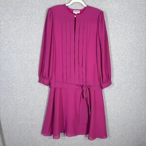 Vintage 80s Coco California Dress Medium Midi Pleated Drop Waist Bow Fuchsia USA